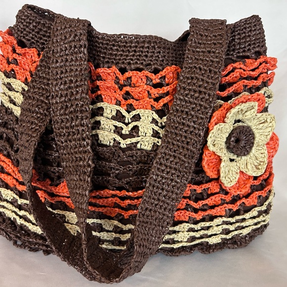Handbags - Vintage 1970s style handmade crocheted raffia handbag